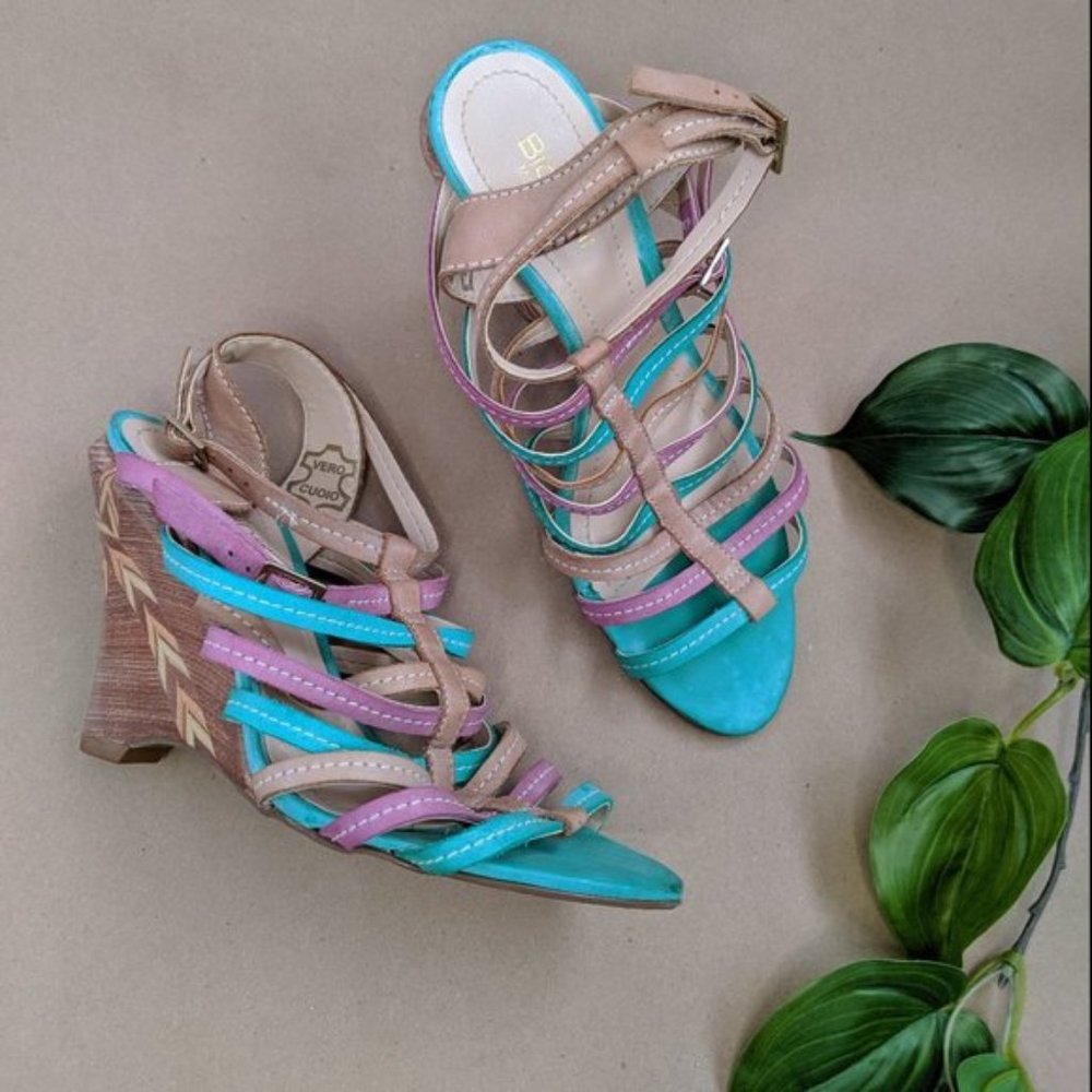 Colorblock Strappy Wedge Sandals - Turquoise, Pink & Tan